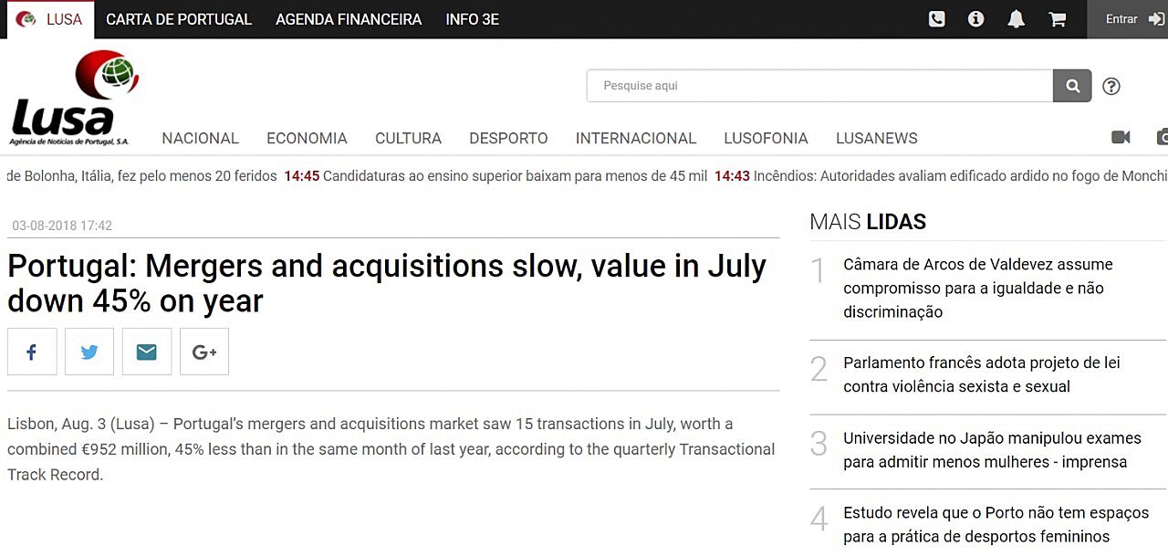 Portugal: Mergers and acquisitions slow, value in July down 45% on year